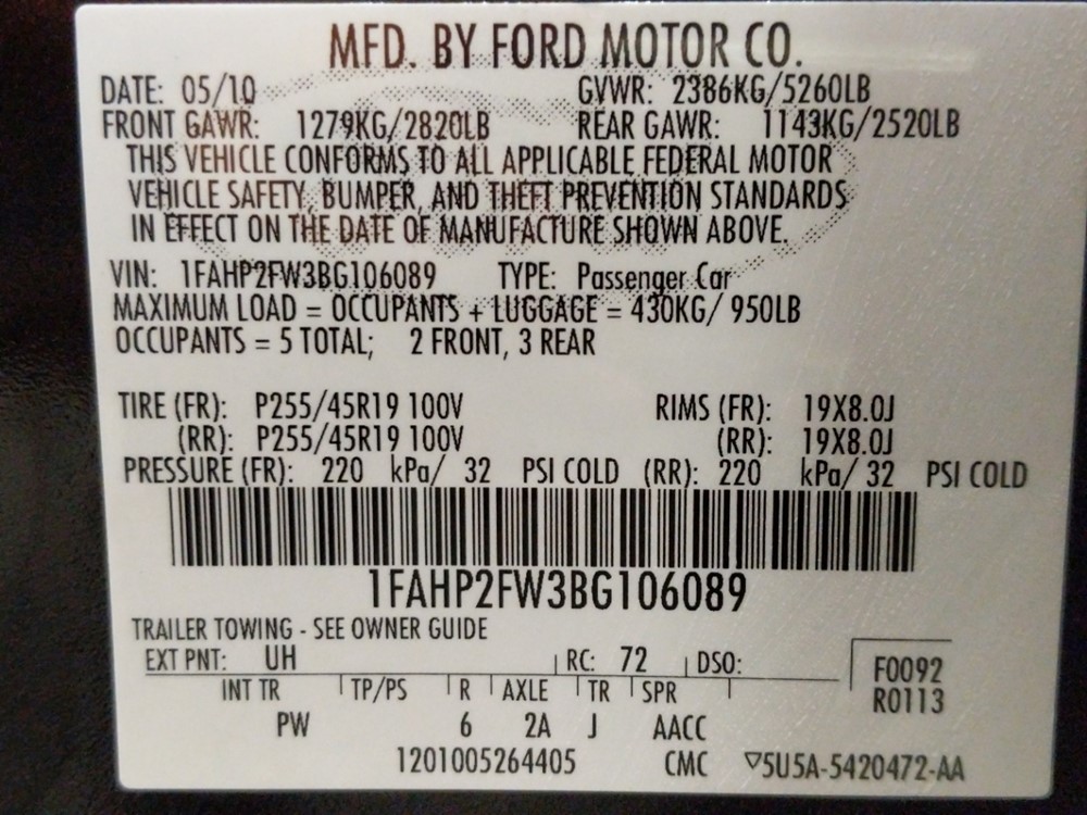 2011 Ford Taurus - VIN Plate
