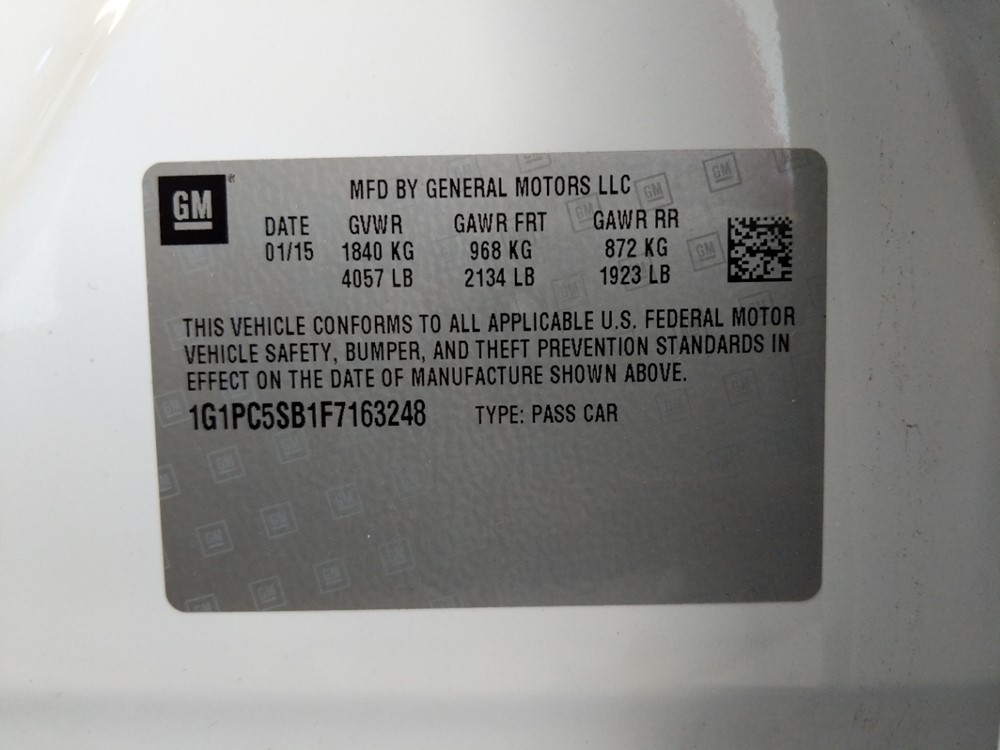 2015 Chevrolet Cruze - VIN Plate