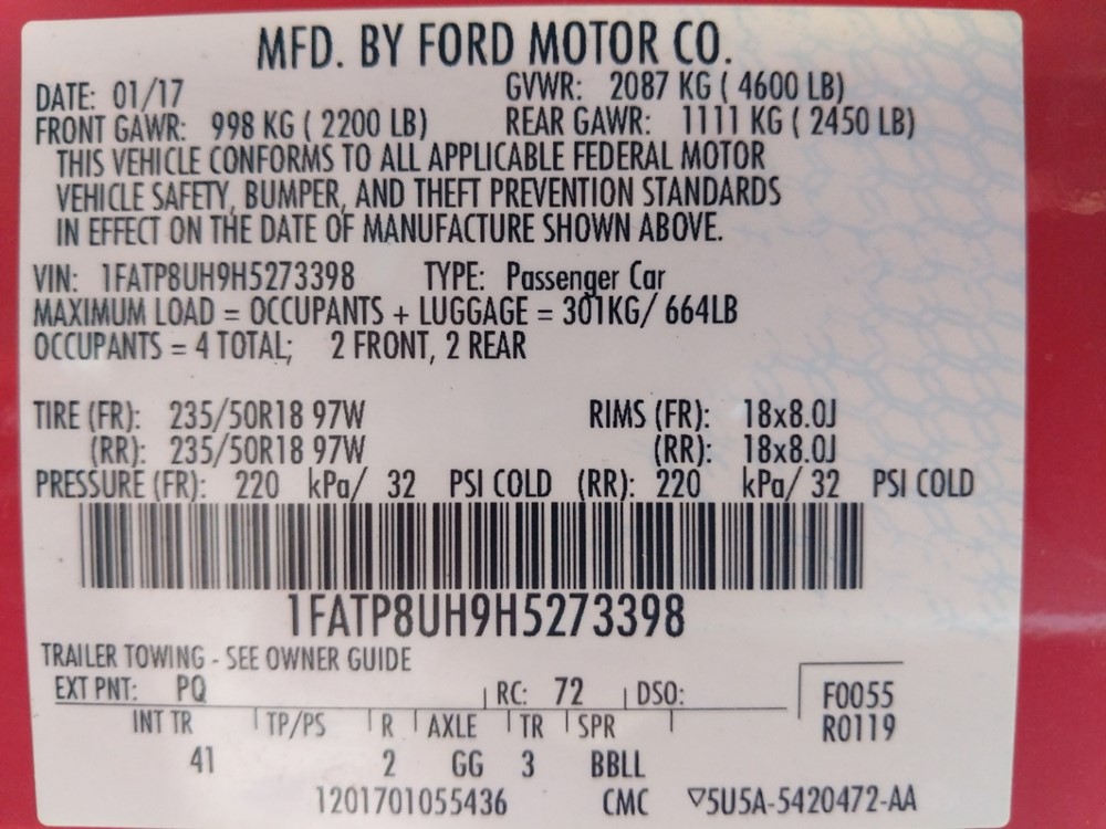 2017 Ford Mustang - VIN Plate
