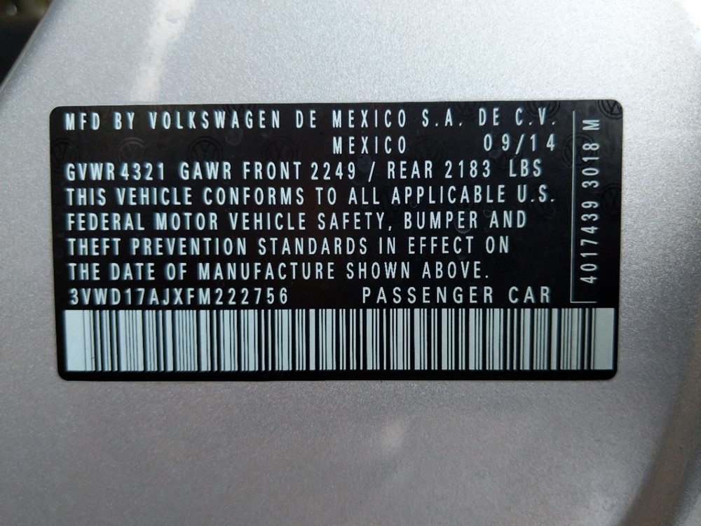 2015 Volkswagen Jetta - VIN Plate