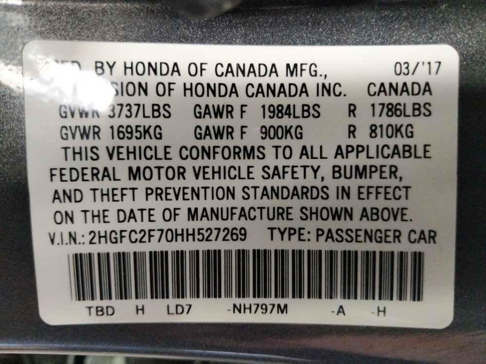 2017 Honda Civic - VIN Plate