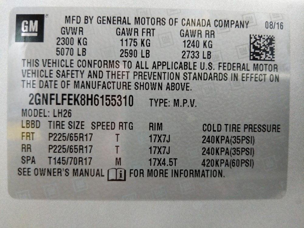 2017 Chevrolet Equinox - VIN Plate