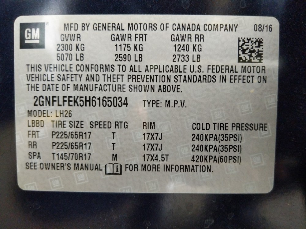 2017 Chevrolet Equinox - VIN Plate