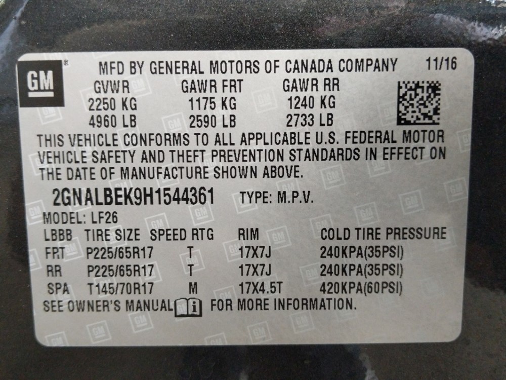 2017 Chevrolet Equinox - VIN Plate