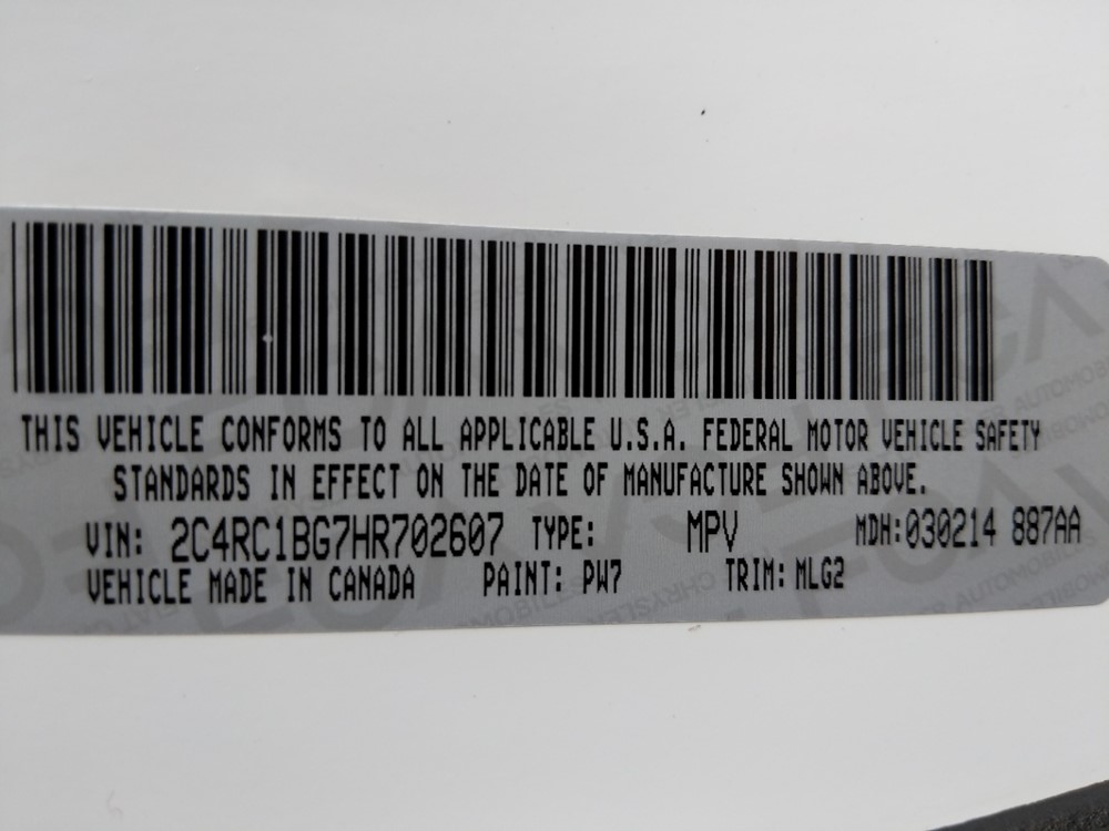 2017 Chrysler Pacifica - VIN Plate