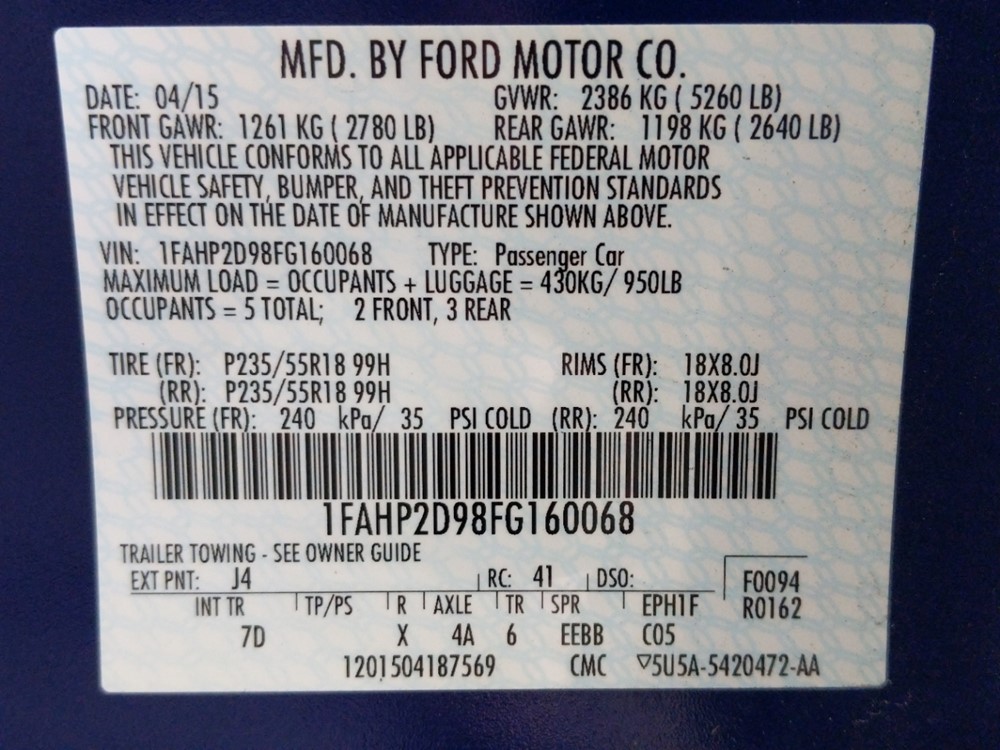 2015 Ford Taurus - VIN Plate