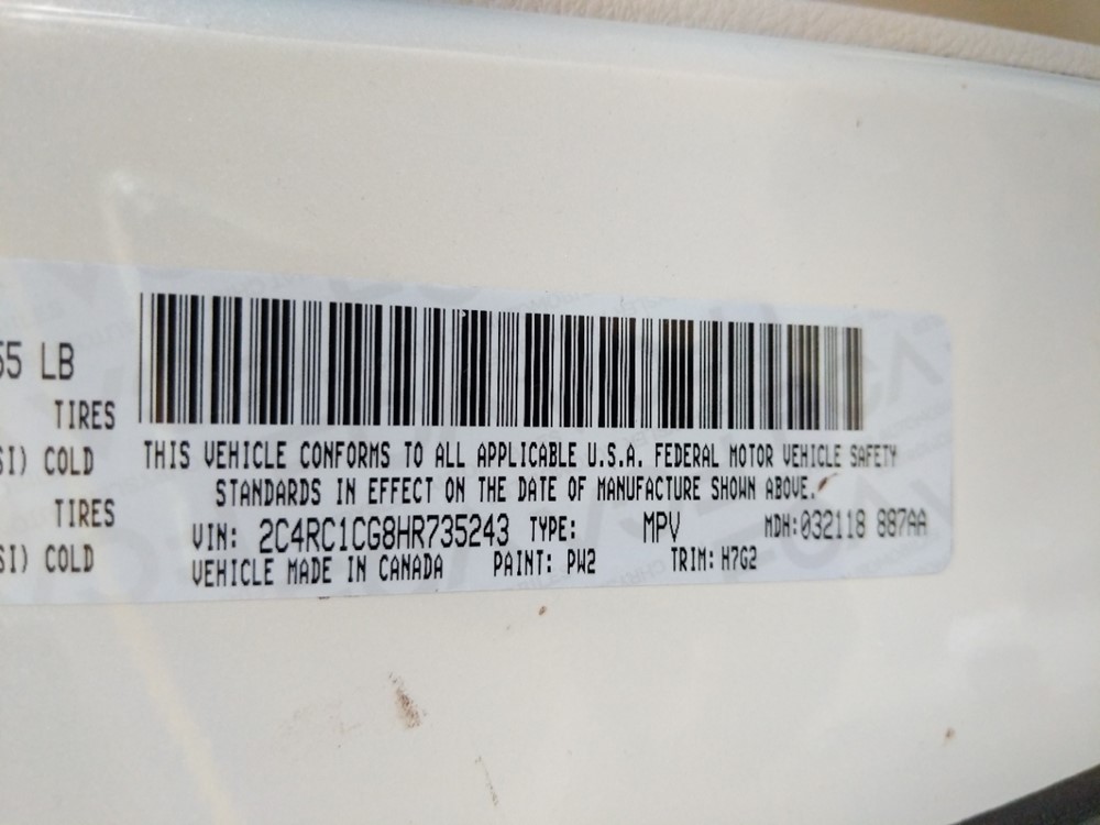 2017 Chrysler Pacifica - VIN Plate
