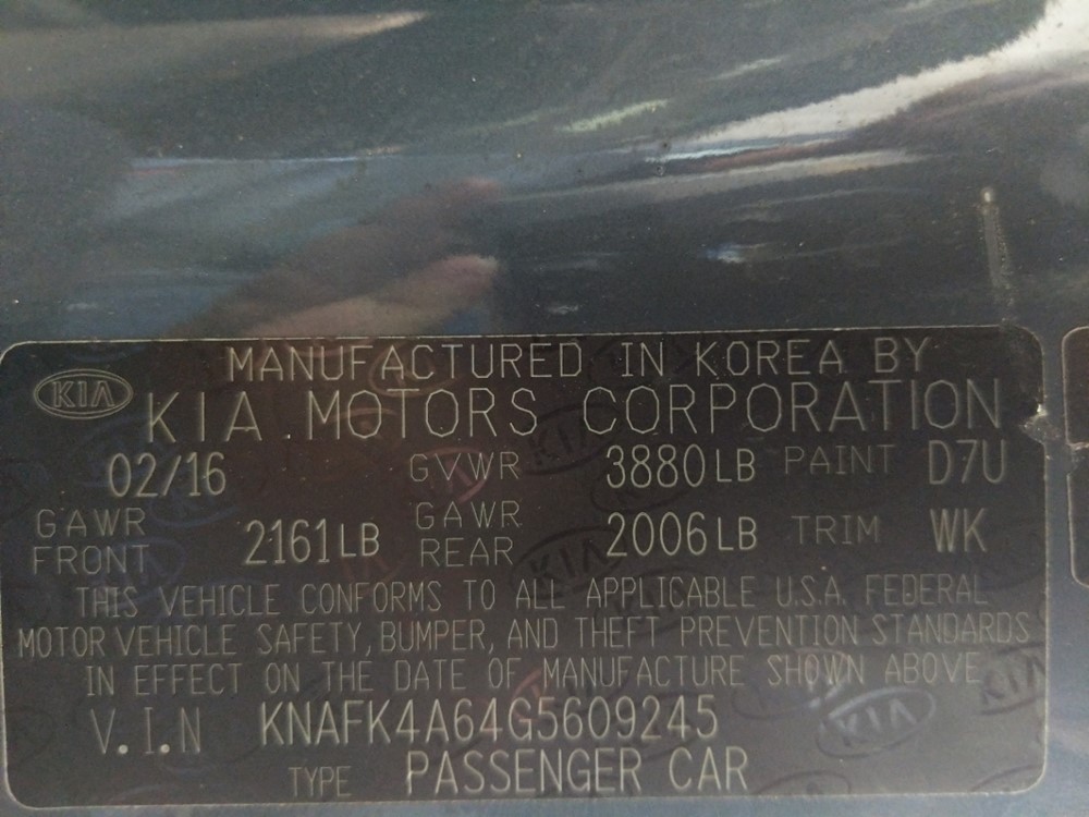 2016 Kia Forte - VIN Plate