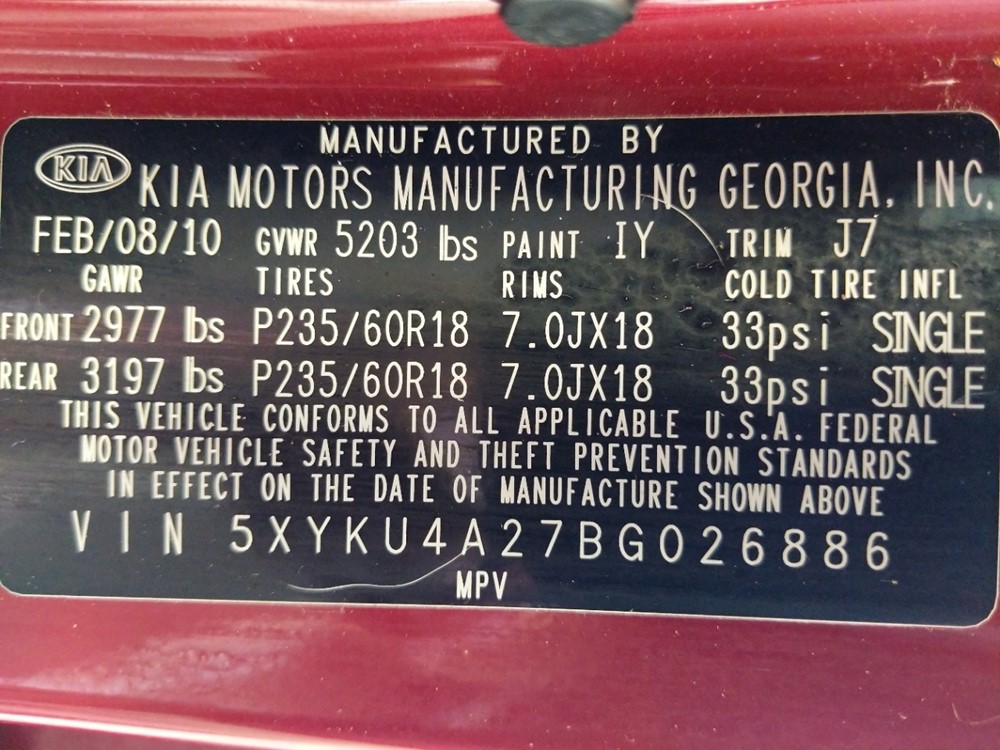 2011 Kia Sorento - VIN Plate