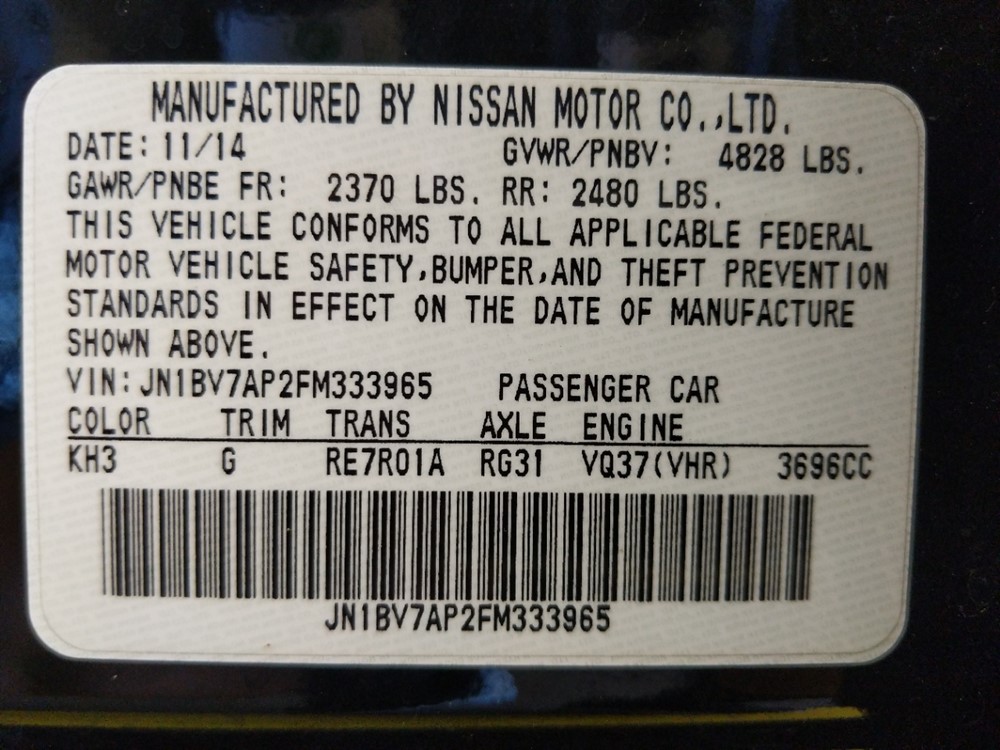 2015 INFINITI Q50 - VIN Plate