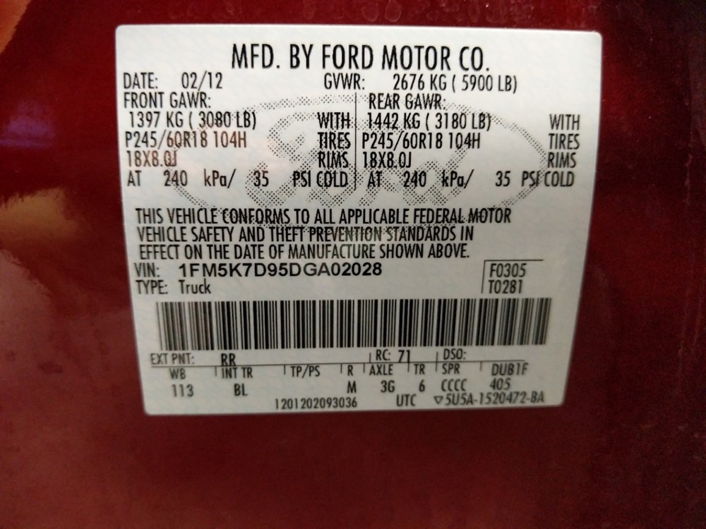 2013 Ford Explorer - VIN Plate
