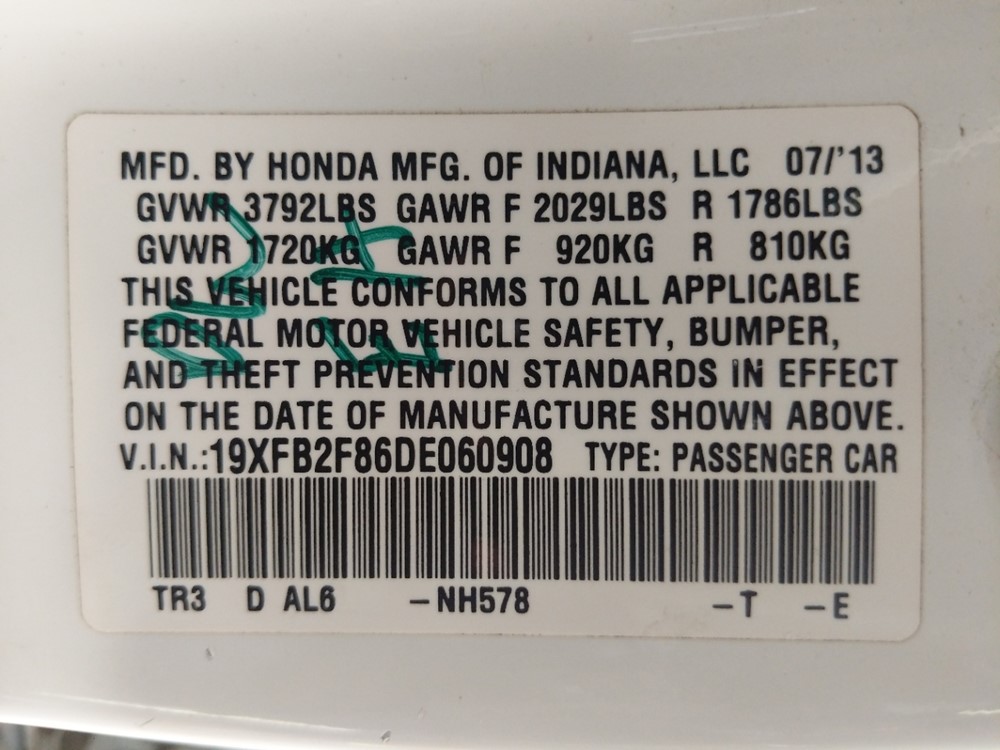 2013 Honda Civic - VIN Plate