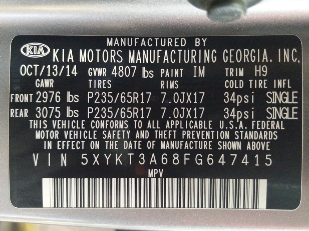 2015 Kia Sorento - VIN Plate