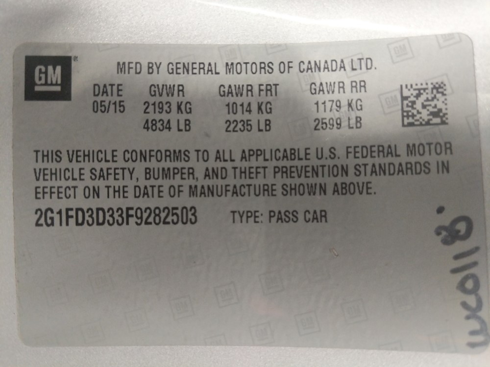 2015 Chevrolet Camaro - VIN Plate