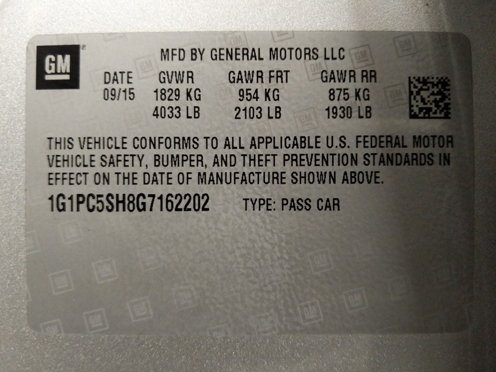 2016 Chevrolet Cruze - VIN Plate