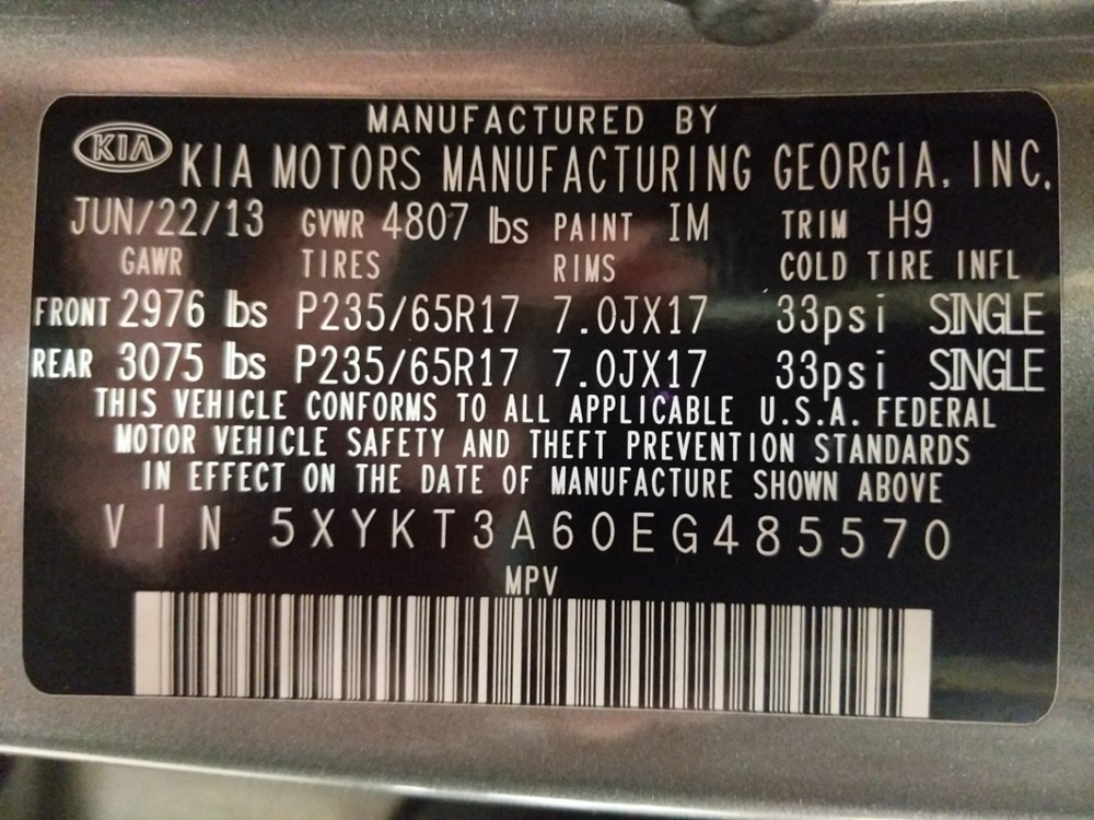2014 Kia Sorento - VIN Plate