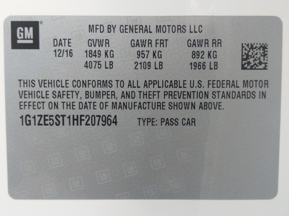2017 Chevrolet Malibu - VIN Plate