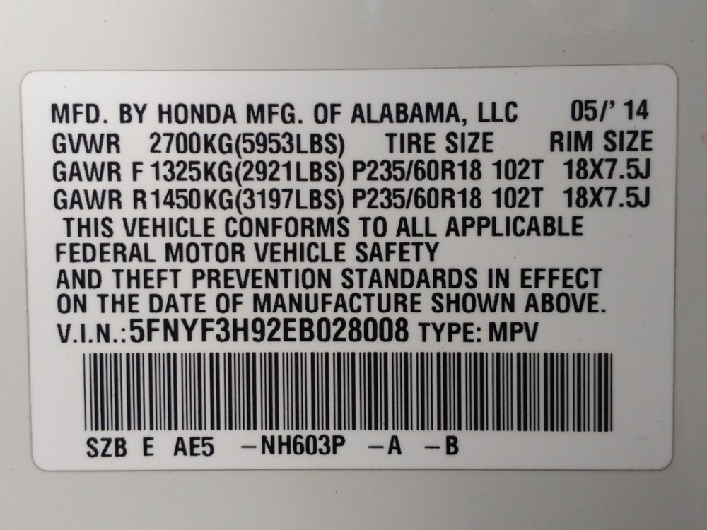 2014 Honda Pilot - VIN Plate