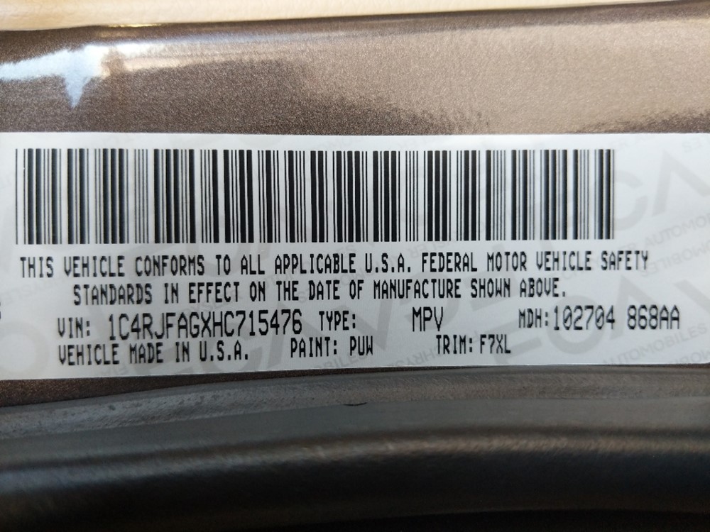 2017 Jeep Grand Cherokee - VIN Plate