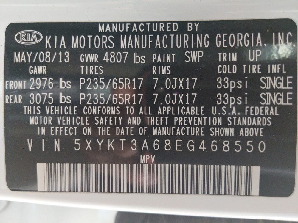 2014 Kia Sorento - VIN Plate