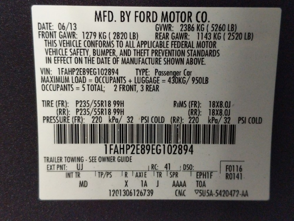 2014 Ford Taurus - VIN Plate