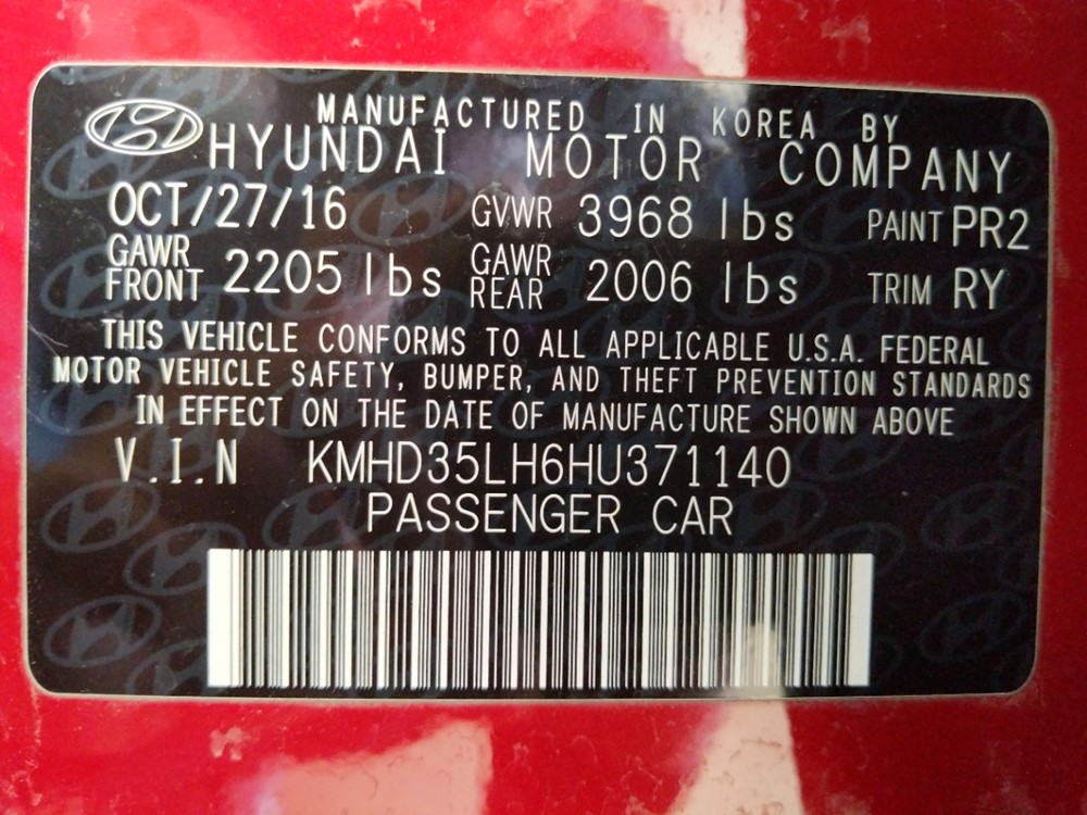 2017 Hyundai Elantra - VIN Plate