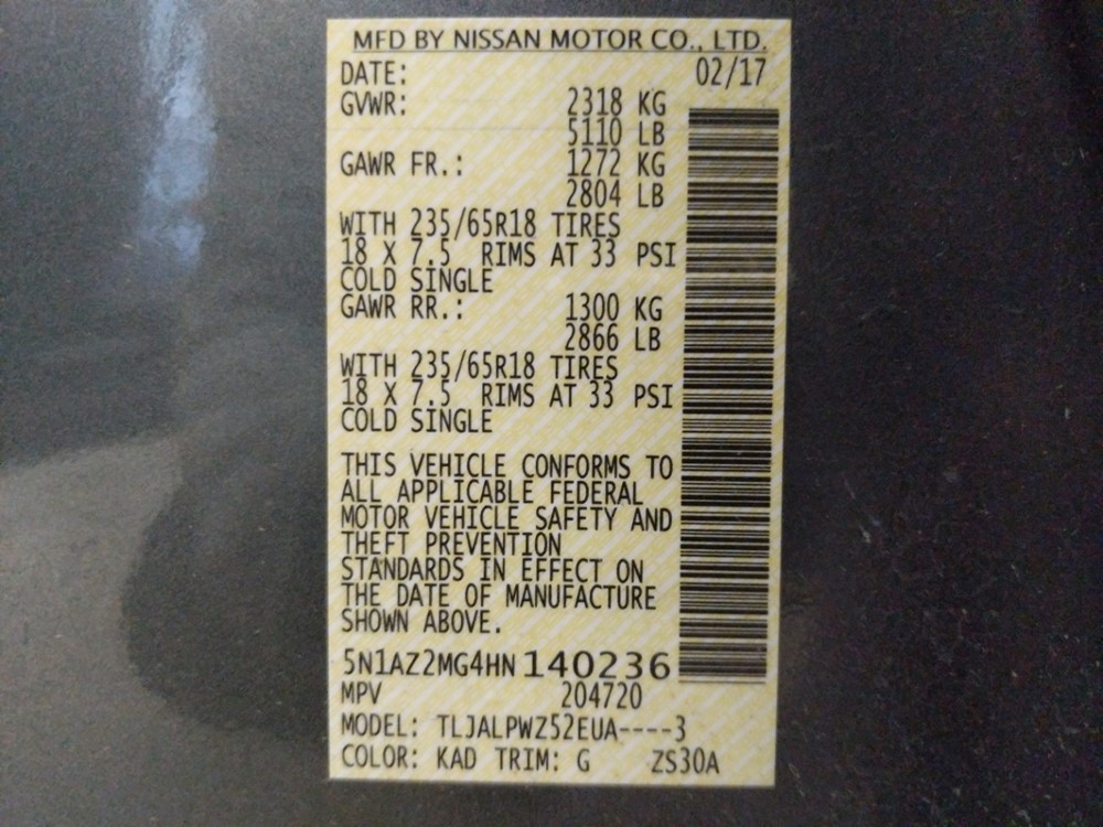 2017 Nissan Murano - VIN Plate