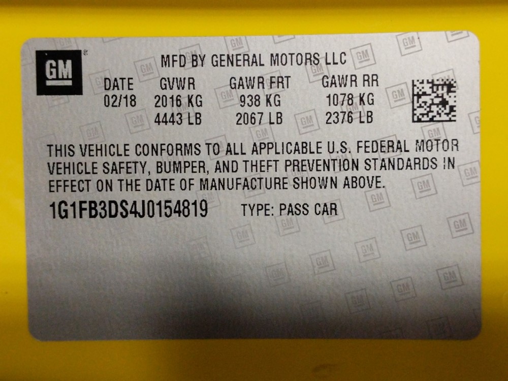 2018 Chevrolet Camaro - VIN Plate