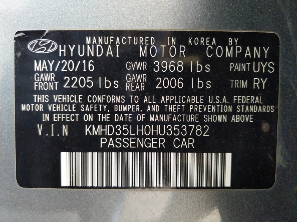 2017 Hyundai Elantra - VIN Plate