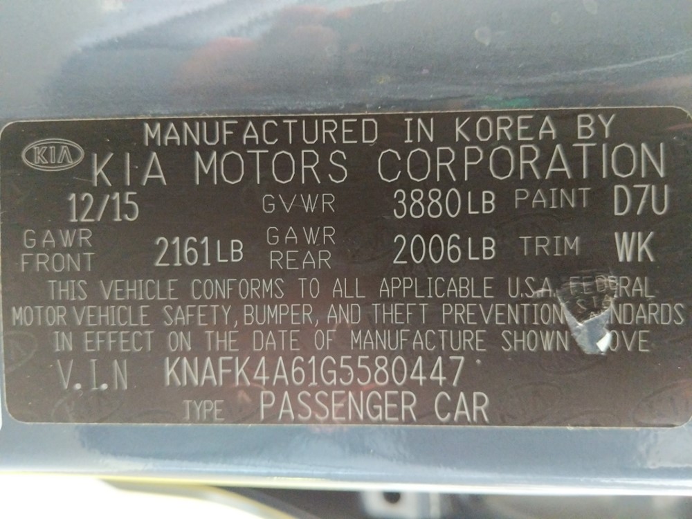 2016 Kia Forte - VIN Plate