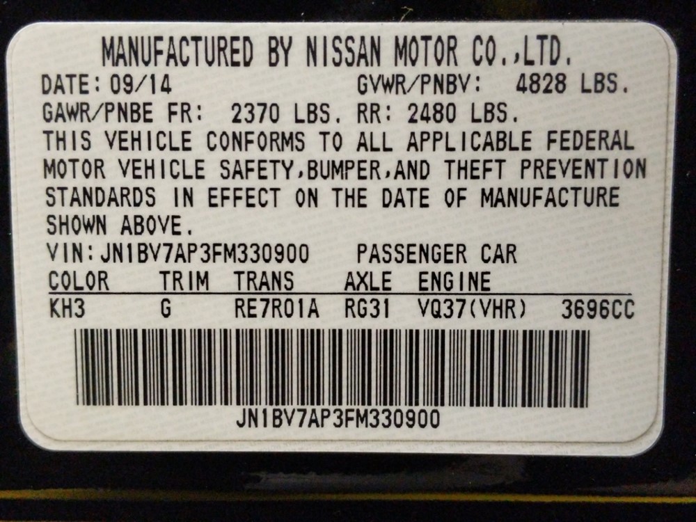 2015 INFINITI Q50 - VIN Plate