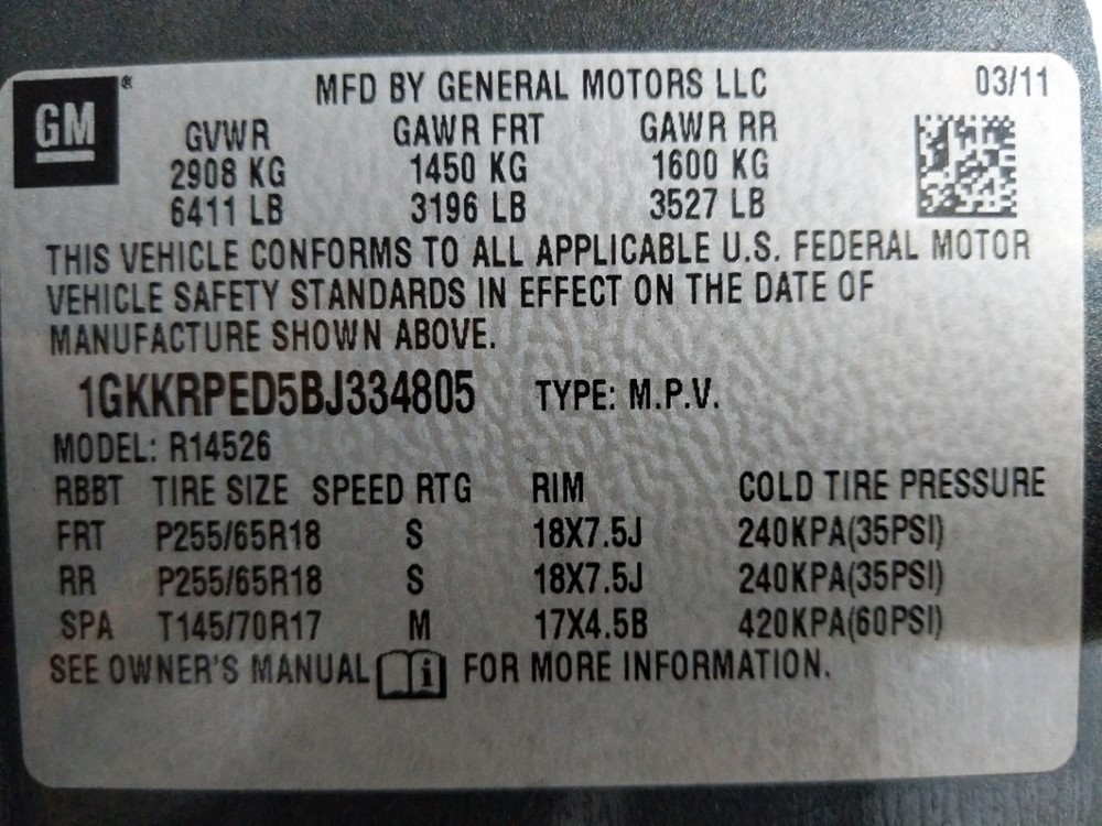 2011 GMC Acadia - VIN Plate