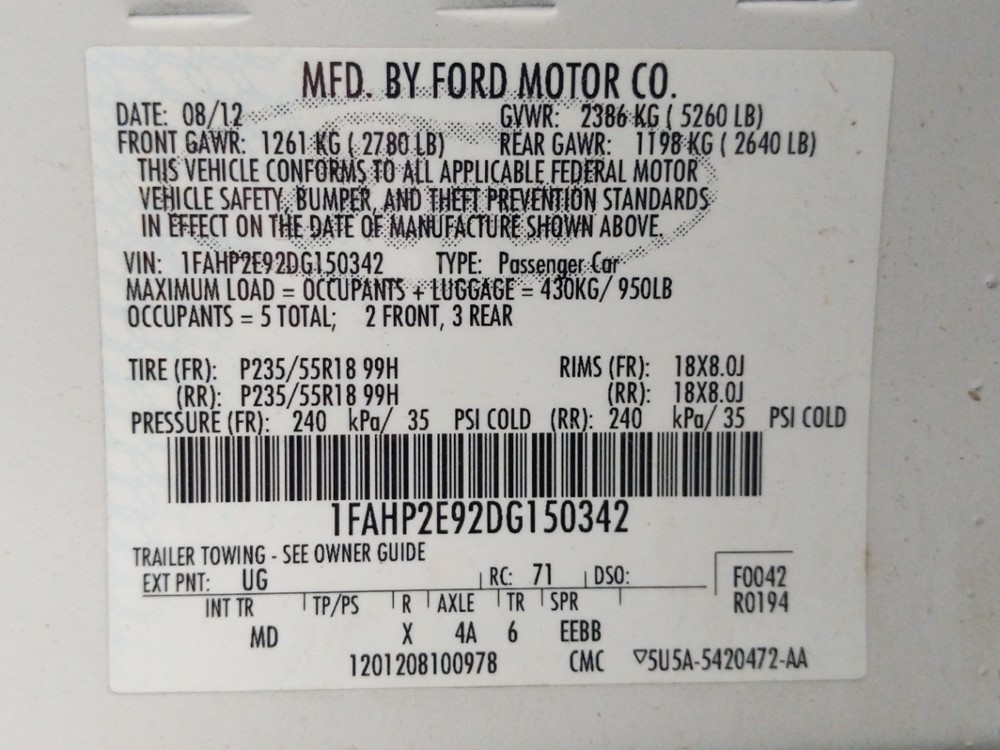 2013 Ford Taurus - VIN Plate