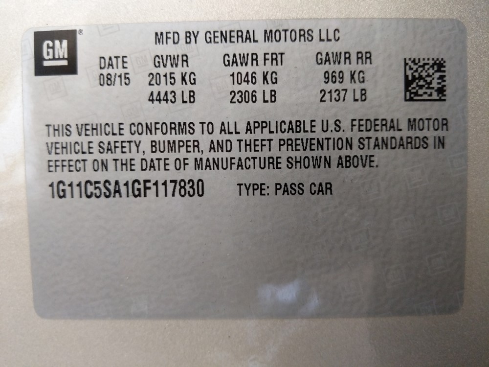 2016 Chevrolet Malibu - VIN Plate