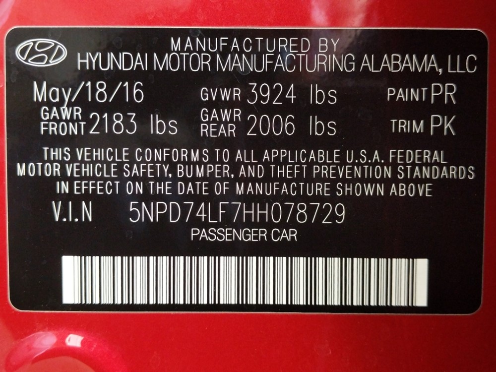 2017 Hyundai Elantra - VIN Plate