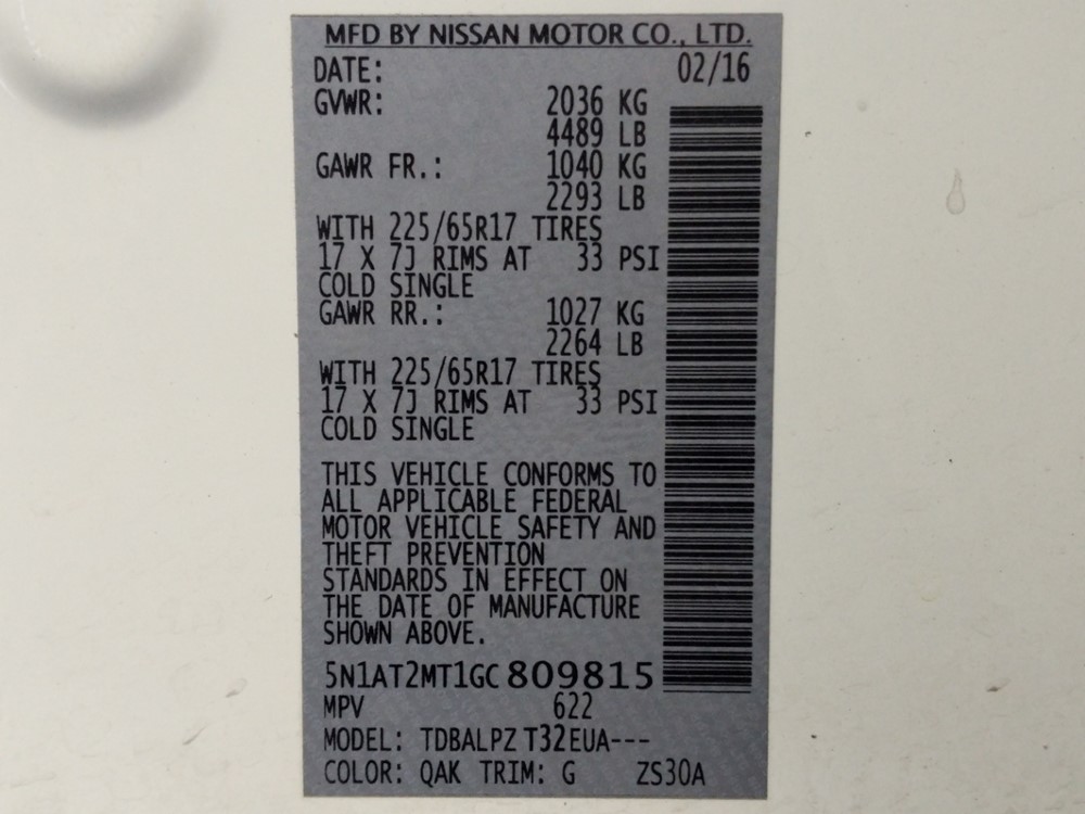 2016 Nissan Rogue - VIN Plate