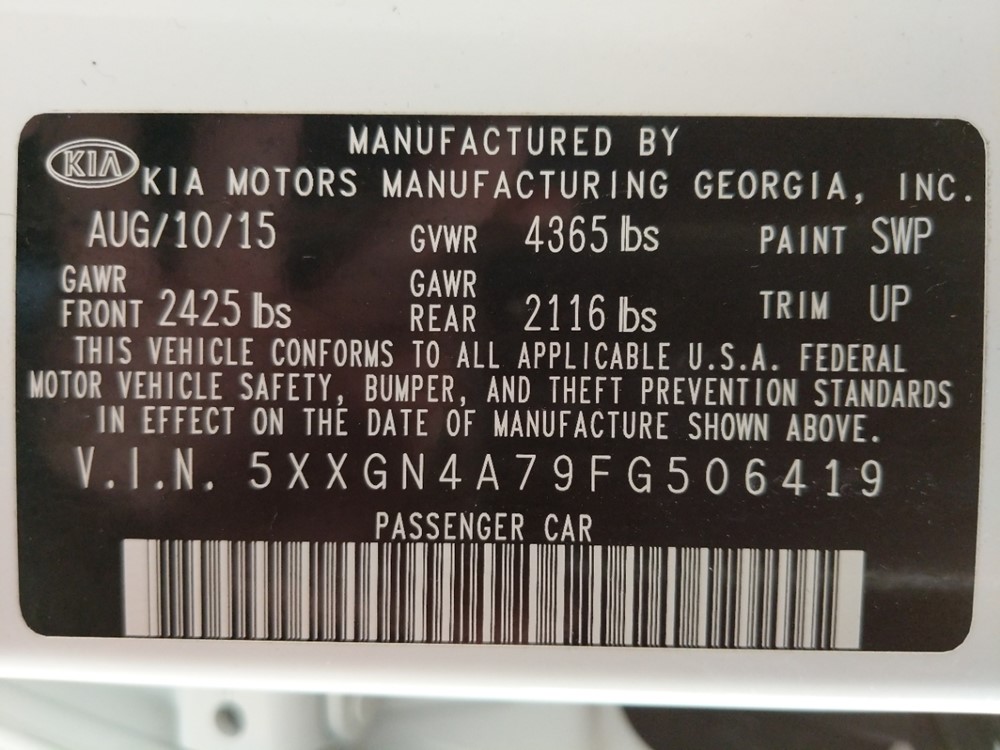 2015 Kia Optima - VIN Plate