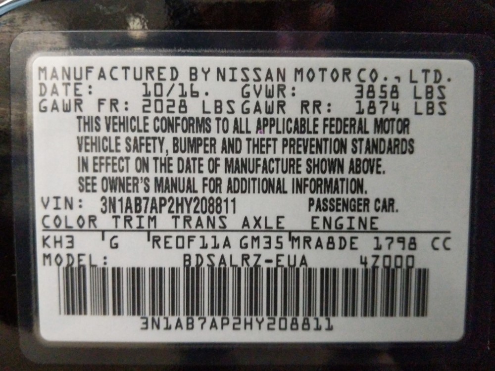 2017 Nissan Sentra - VIN Plate