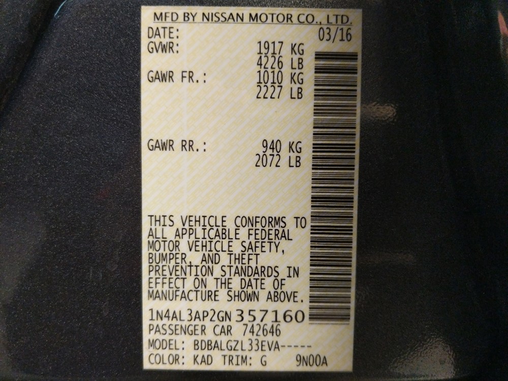 2016 Nissan Altima - VIN Plate
