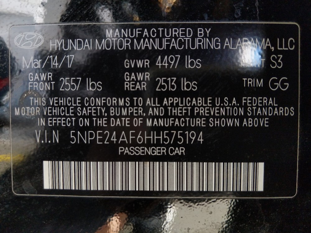2017 Hyundai Sonata - VIN Plate