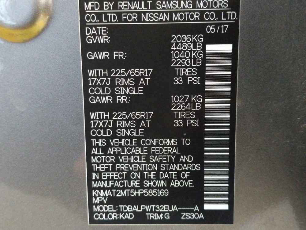 2017 Nissan Rogue - VIN Plate