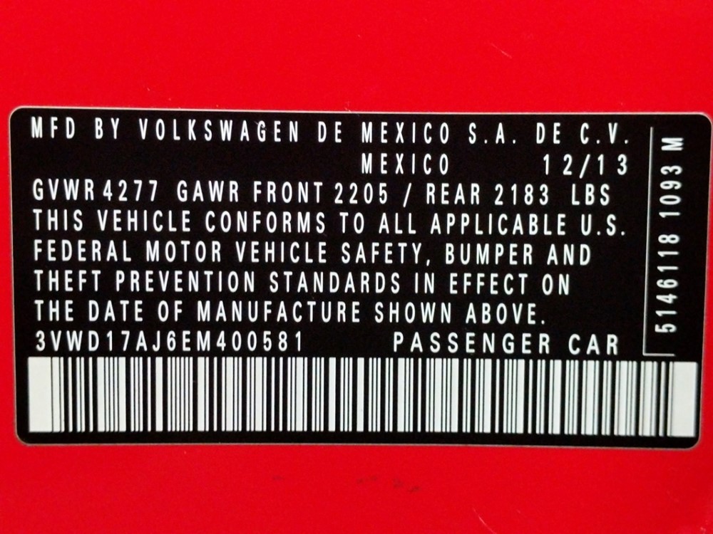 2014 Volkswagen Jetta - VIN Plate