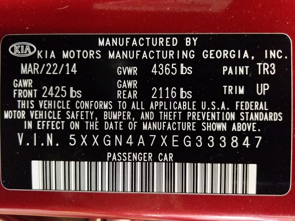 2014 Kia Optima - VIN Plate