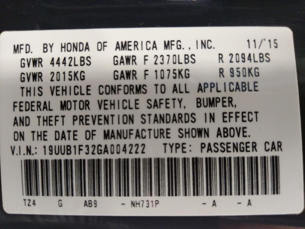 2016 Acura TLX - VIN Plate