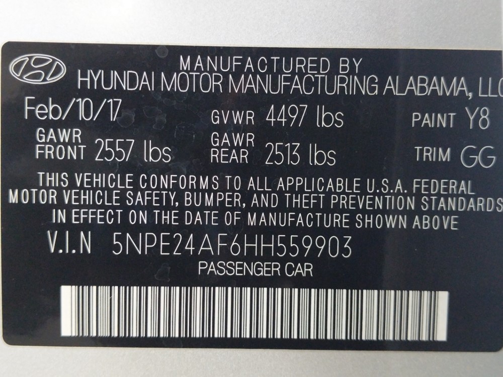 2017 Hyundai Sonata - VIN Plate