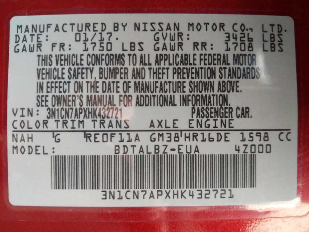 2017 Nissan Versa - VIN Plate