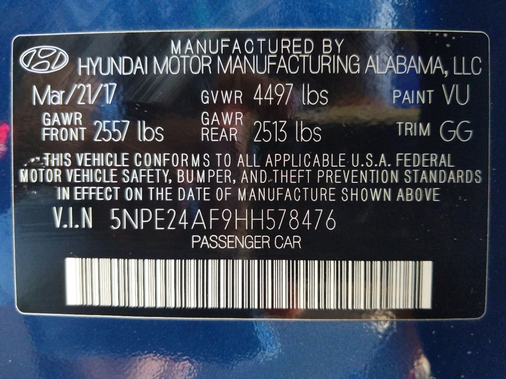 2017 Hyundai Sonata - VIN Plate