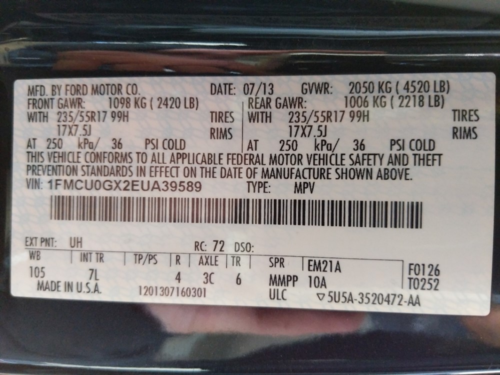 2014 Ford Escape - VIN Plate