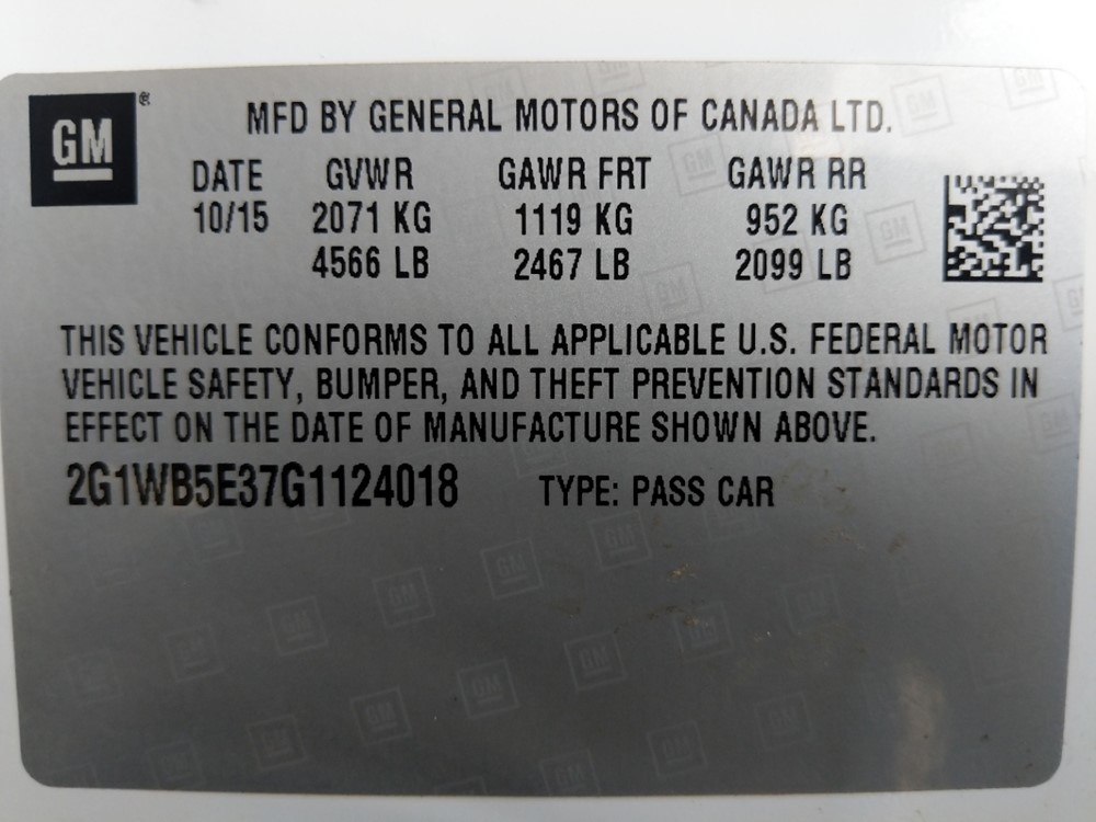 2016 Chevrolet Impala - VIN Plate