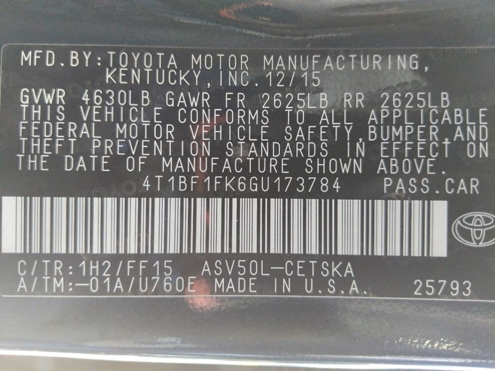 2016 Toyota Camry - VIN Plate
